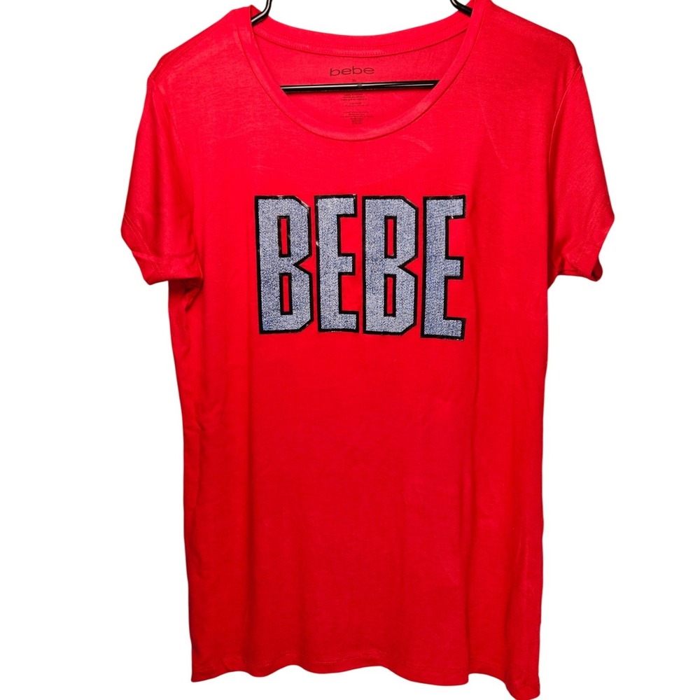 BEBE Red T Shirt Graphic Glitter Logo Short Sleeve Crew‎ Neck Top XL